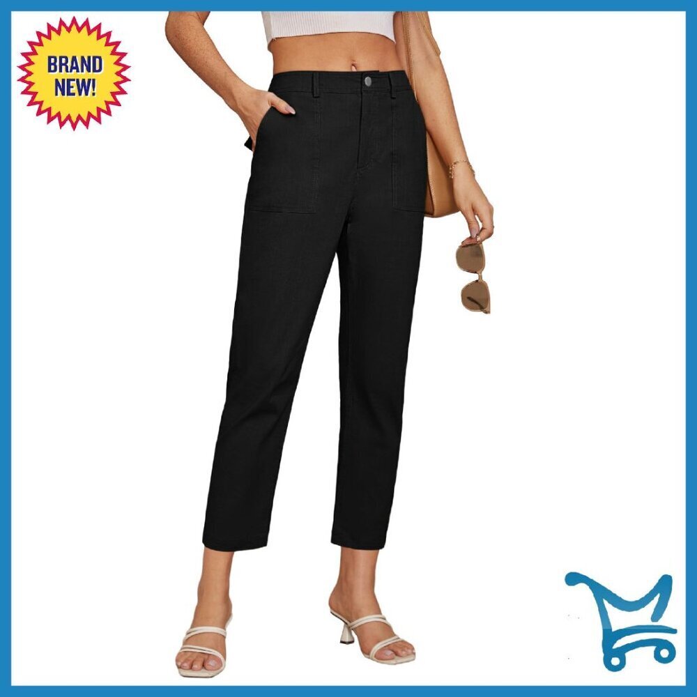 High-Waisted Tapered Work Pants with Pockets, Cotton Trousers